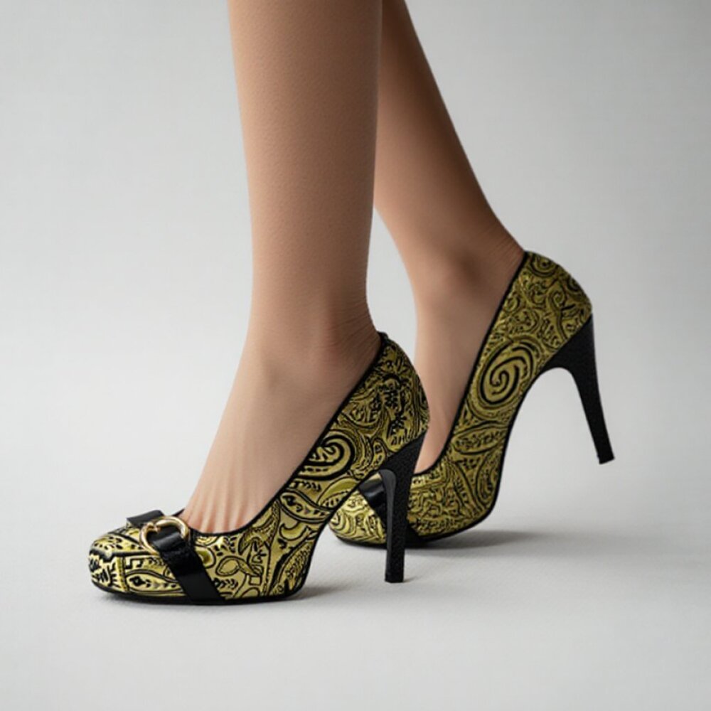 Lovely People Black Yellow Gold Foil Damask Paisley  Party Platform Heels 7.5